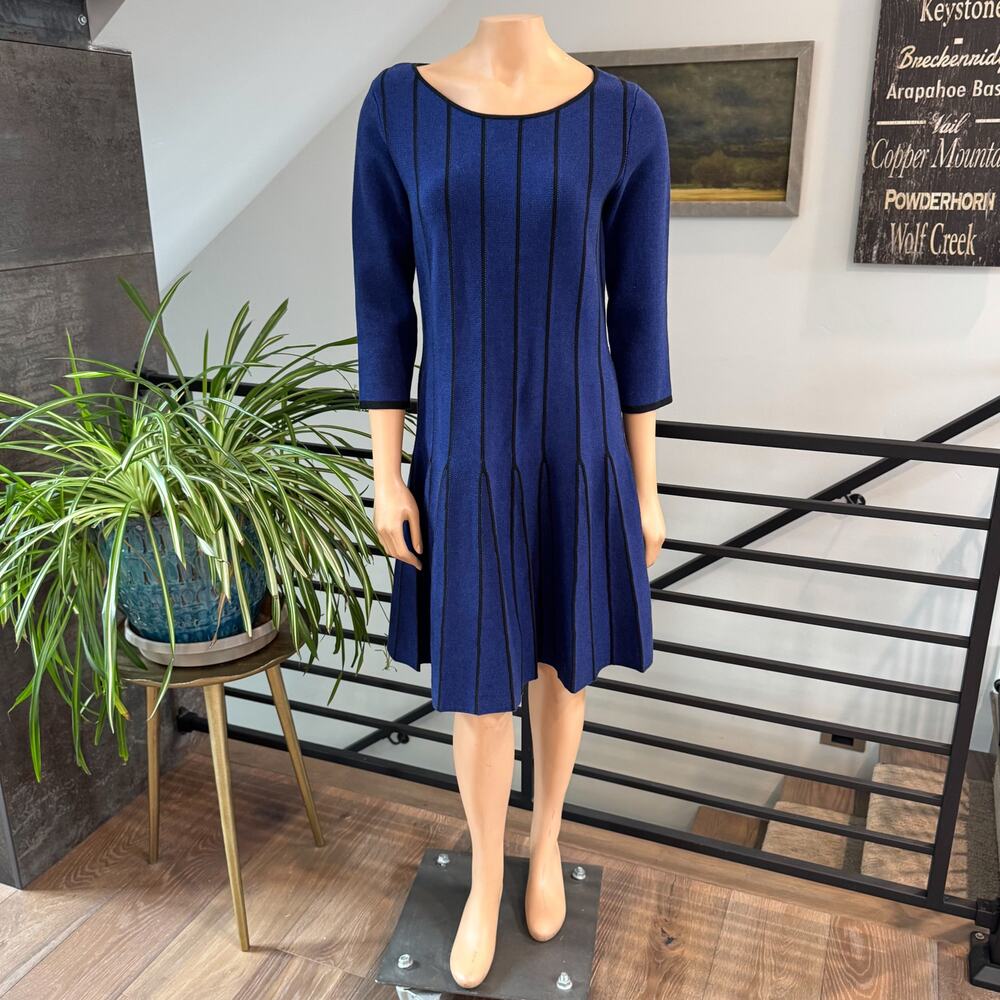 Lauren Ralph Lauren Blue Knit A-Line Sweater Dress Black Vertical Stripes, Large